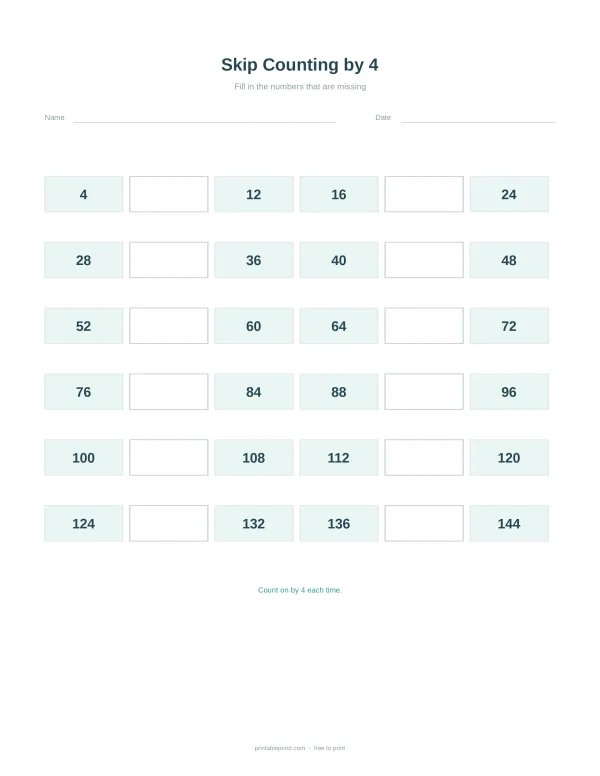 Worksheet with boxes for filling in numbers, showing multiples of 4 with some missing.