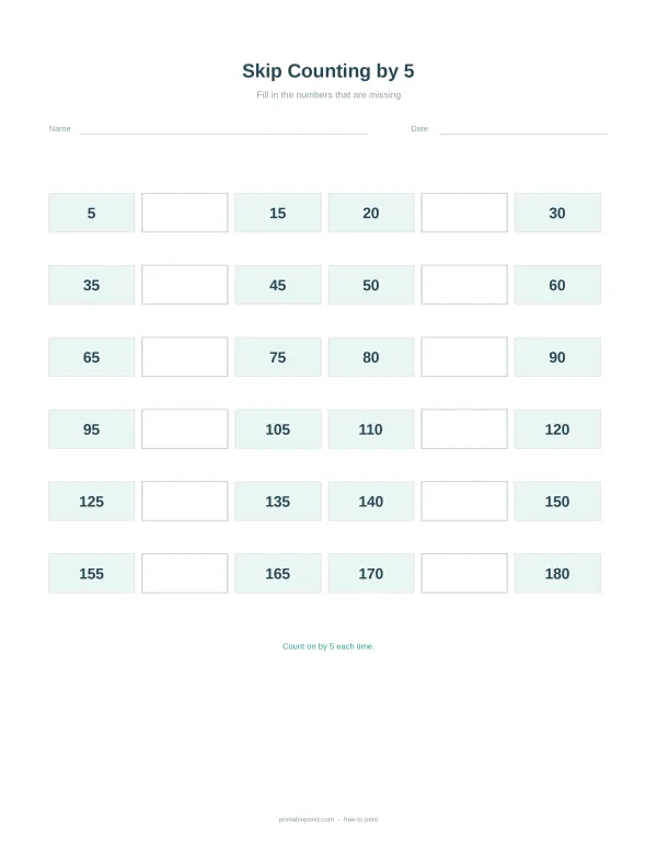 Worksheet with boxes for numbers to fill in, showing skip counting by 5 from 5 to 180.