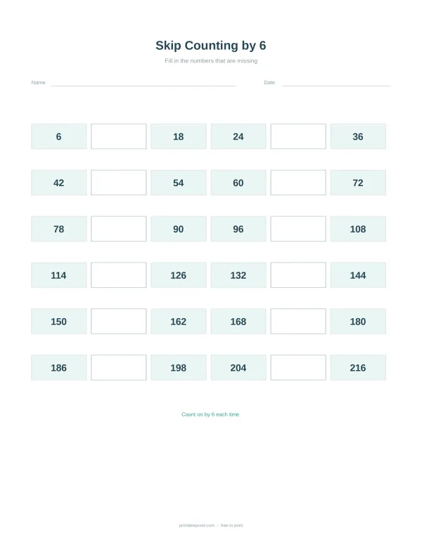 Worksheet with boxes for filling in numbers in a sequence counting by 6.