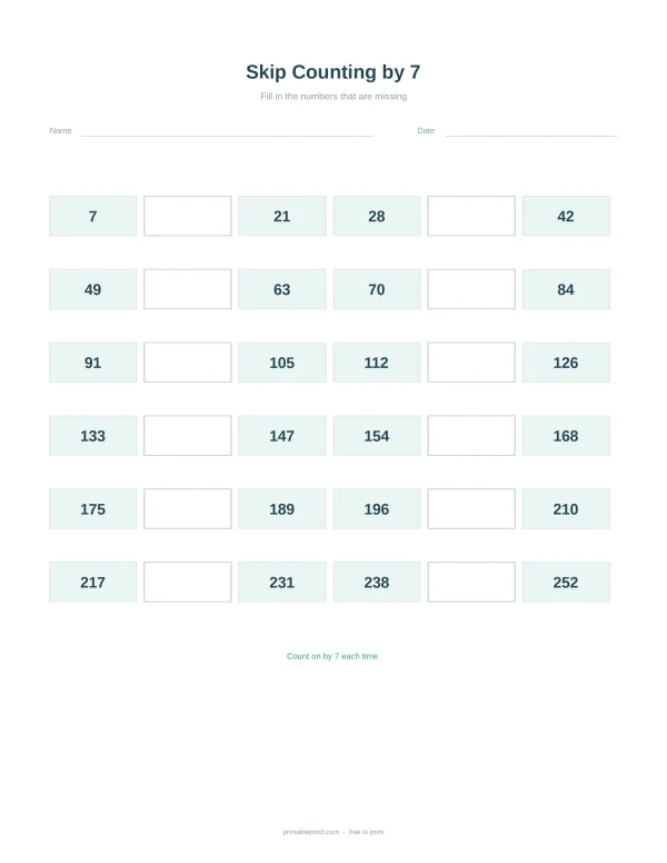 A math worksheet for skip counting by 7, with rows of boxes for numbers.