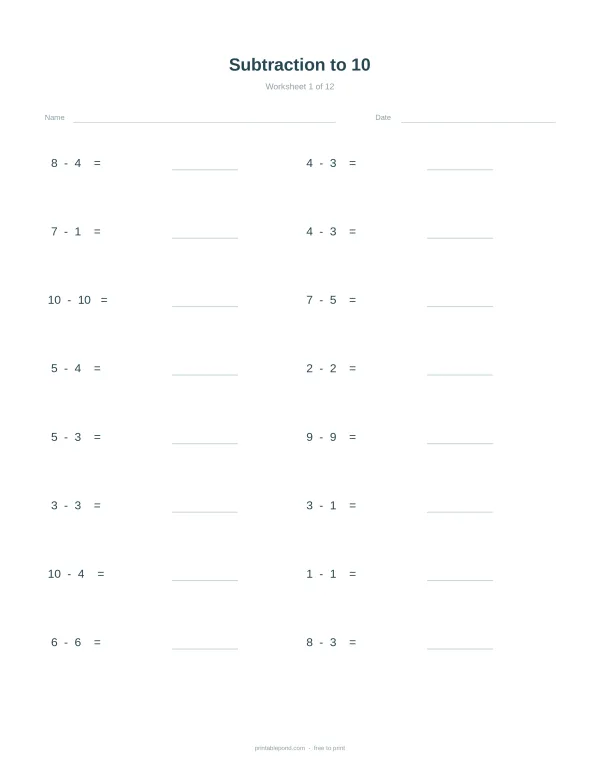 Subtraction problems up to 10 with blank lines for answers, worksheet 1 of 12.