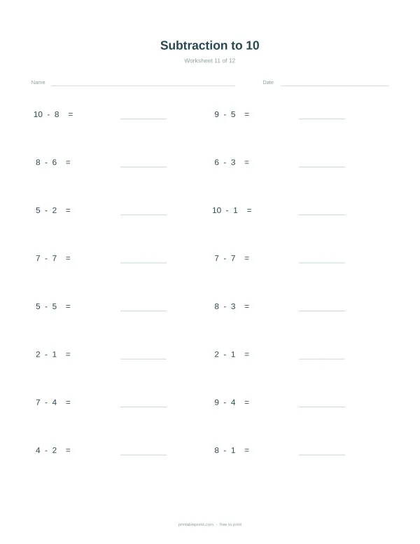 A math worksheet with subtraction problems up to 10, with blank lines for answers.