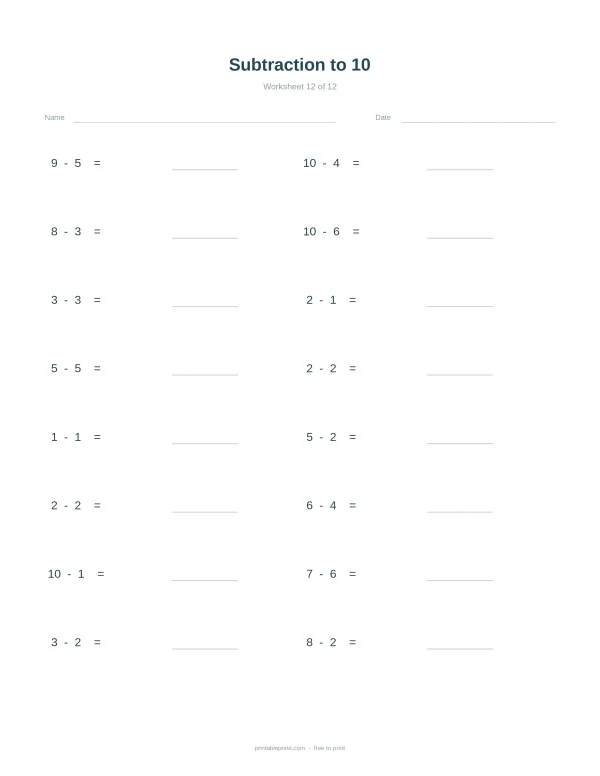 A worksheet with math problems for subtraction up to 10, with spaces for answers.