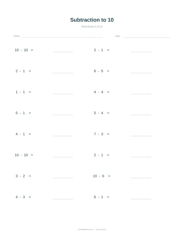 A worksheet with subtraction problems going up to 10, with space for answers.