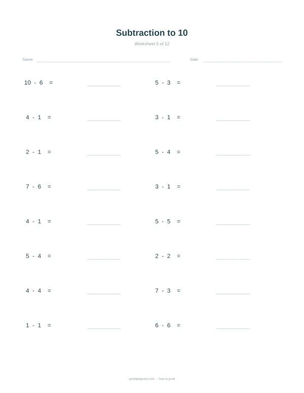 A math worksheet with subtraction problems from 1 to 10, with blank spaces for answers.