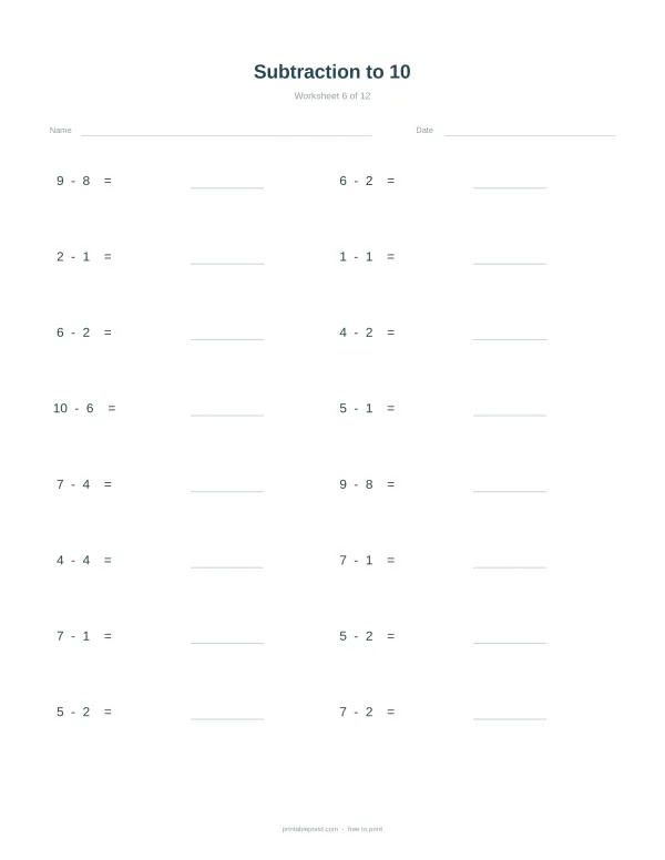 A subtraction worksheet with problems ranging from 1-1 to 10-6, with space for answers.