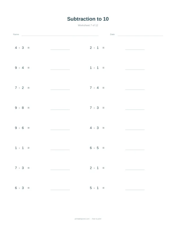 Worksheet with math problems for subtraction up to ten with blank lines for answers.