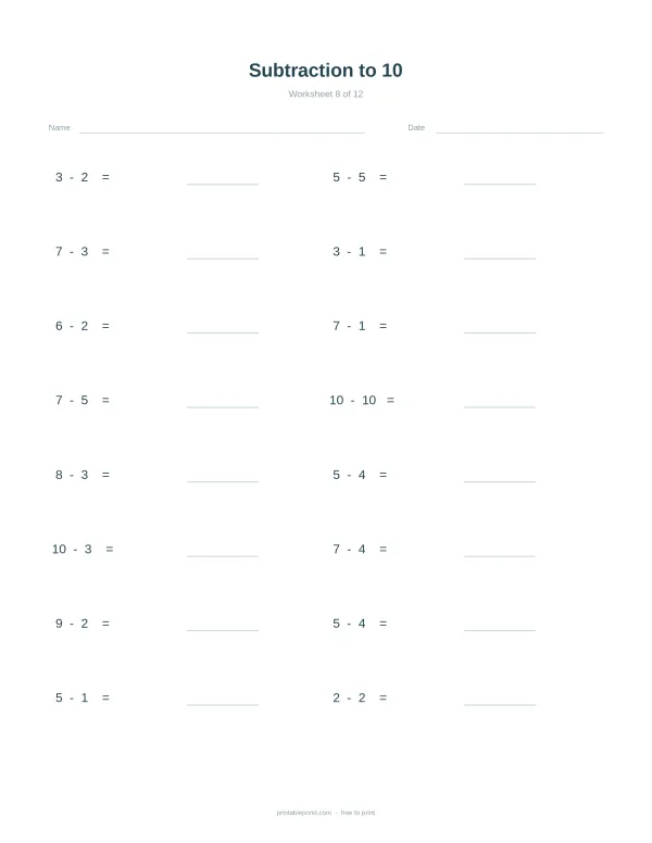 A subtraction worksheet with problems like 3-2 and 5-5, with spaces for answers.