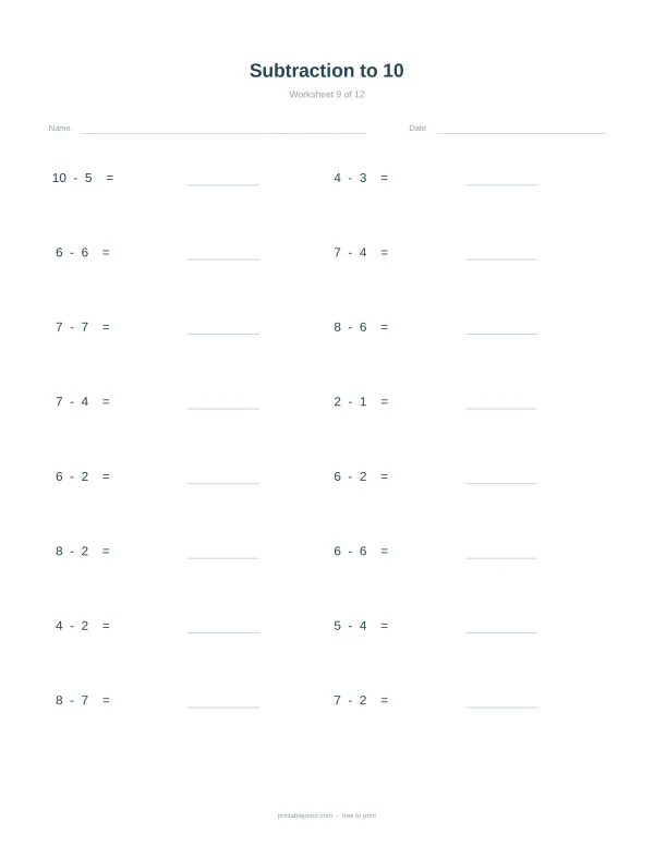 A worksheet with simple subtraction problems up to 10, with blank spaces for answers.