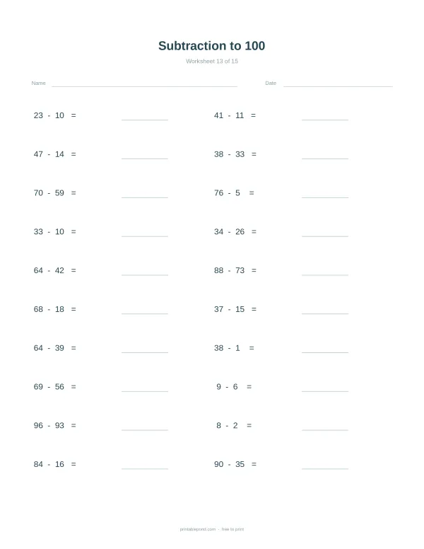 A math worksheet with subtraction problems up to 100 and blank lines for answers.