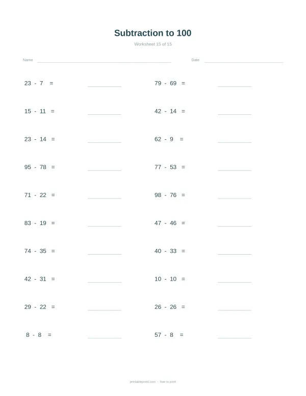A math worksheet with subtraction problems up to 100, leaving space for answers.