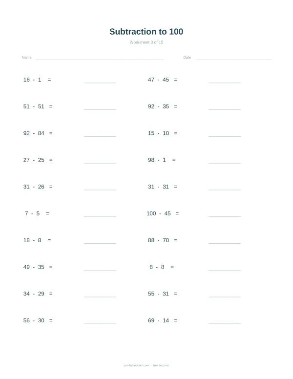 A math worksheet with the title 'Subtraction to 100' and various subtraction problems listed.