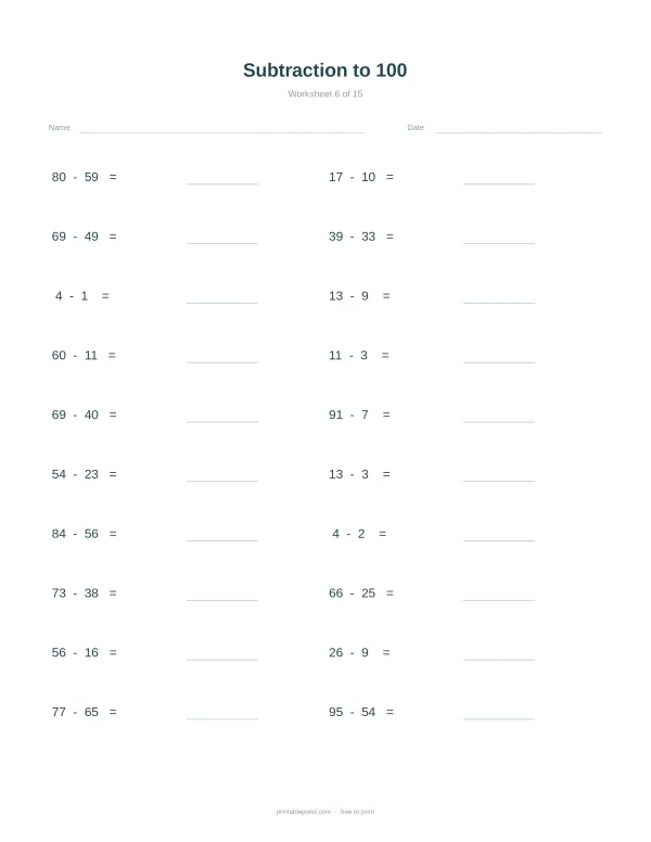 A math worksheet with subtraction problems from 1 to 100, with lines for answers.