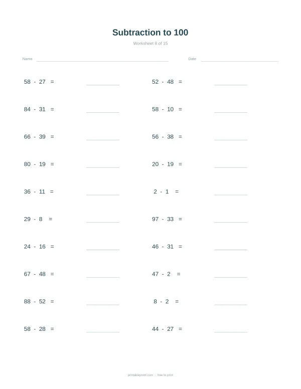 A math worksheet with the title Subtraction to 100 and 15 subtraction problems to solve.