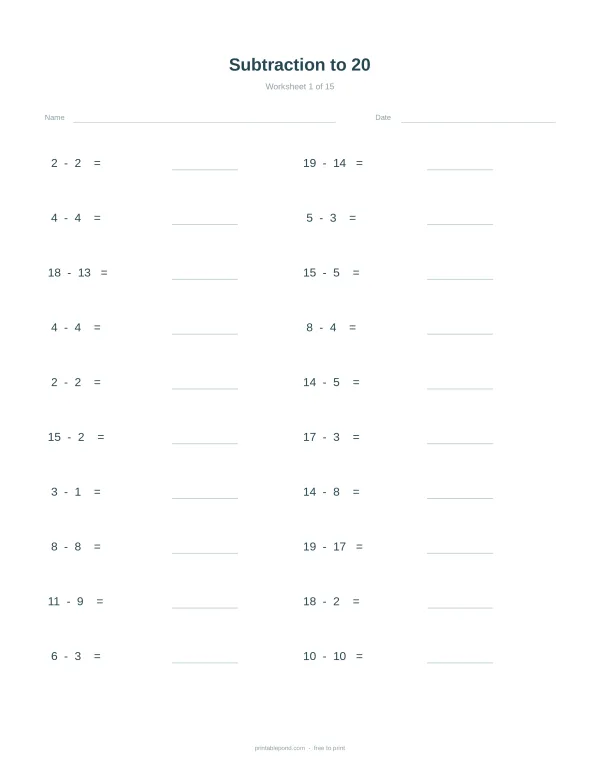 A math worksheet with simple subtraction problems from 2 to 20, with spaces for answers.