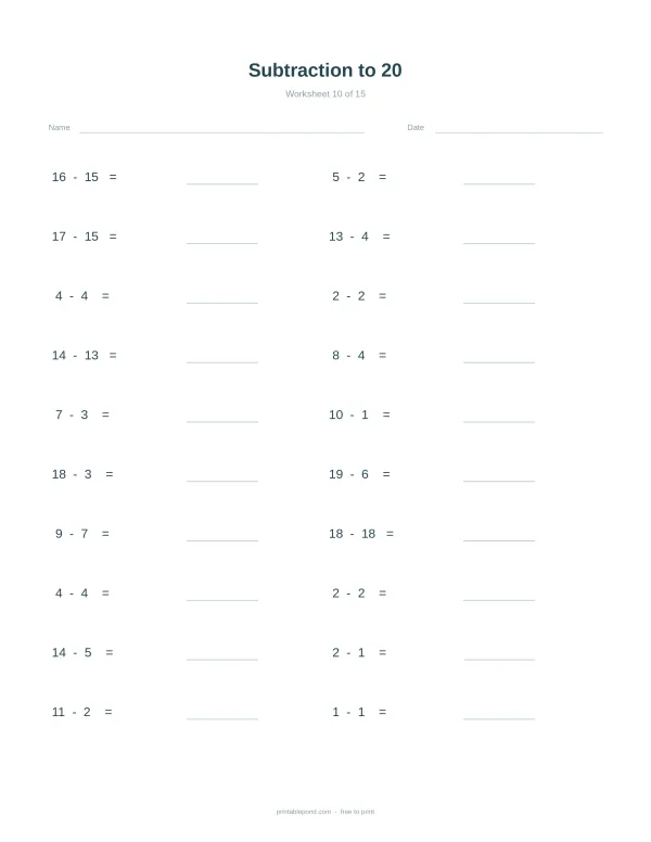 A math worksheet with subtraction problems up to 20, spaces for answers, name and date fields.
