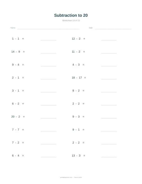 A math worksheet with subtraction problems up to 20, with blank lines for answers.