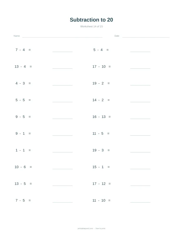 Worksheet with math problems for subtraction up to 20, with space to write answers.