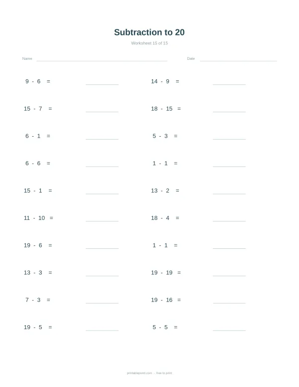A math worksheet titled Subtraction to 20 with rows of subtraction equations and blank lines for answers.