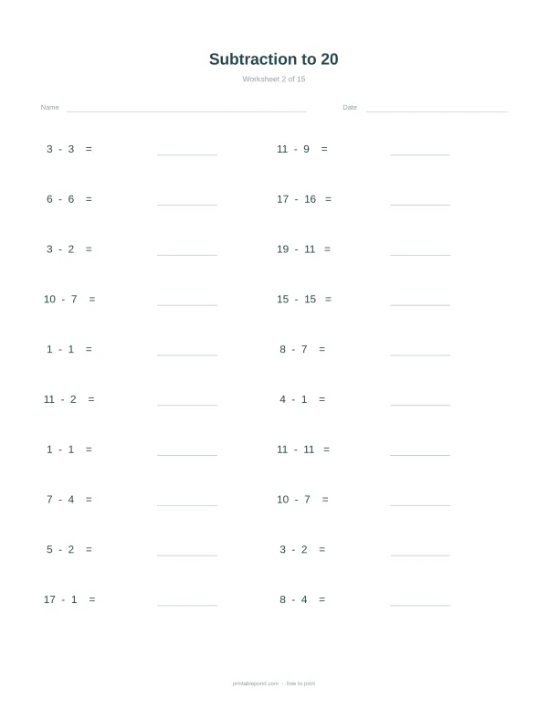A worksheet with math problems for subtraction up to 20, with space for answers.
