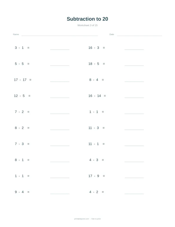 A math worksheet with columns of subtraction problems up to 20, with spaces for answers.