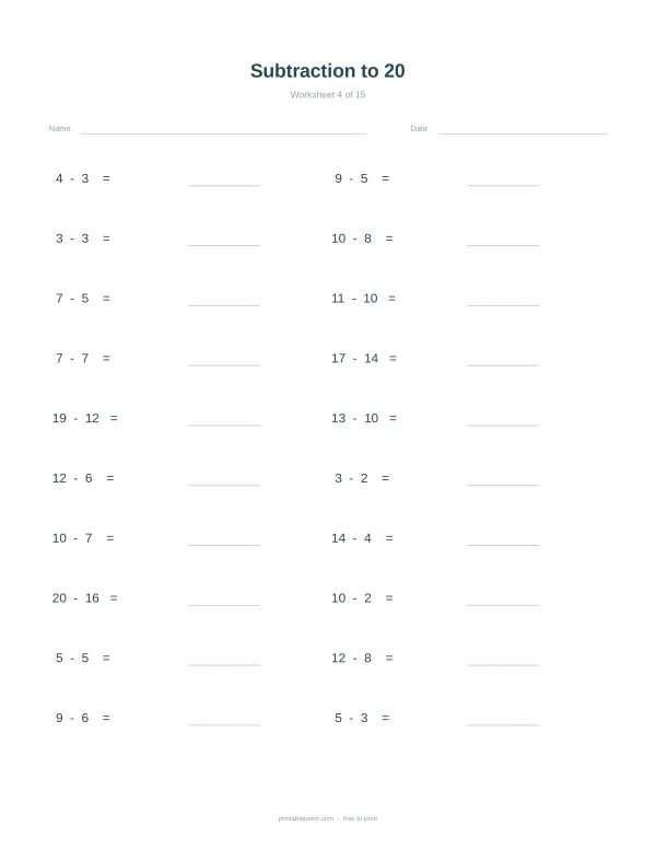 A math worksheet with 15 subtraction problems up to 20, with blank lines for answers.