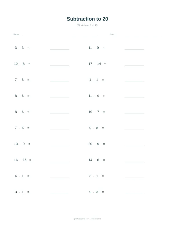 A math worksheet with subtraction problems up to 20, with spaces for answers.
