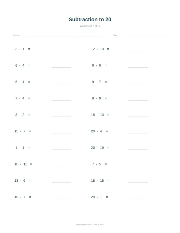 A math worksheet with subtraction problems from 1 to 20, with space for answers.
