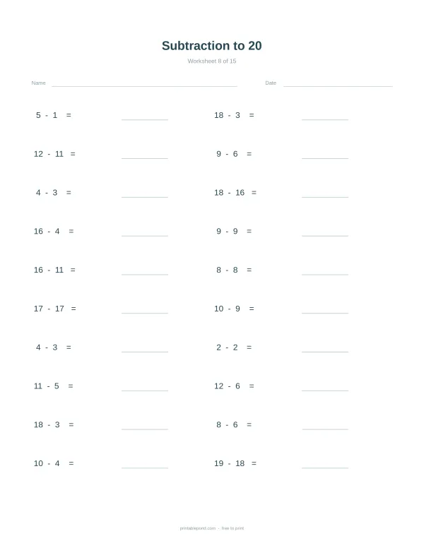 A math worksheet with columns of subtraction problems up to 20, with spaces for answers.