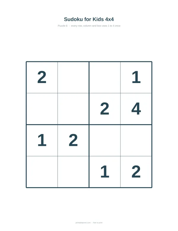 A 4x4 Sudoku grid with some numbers filled in for kids to solve.