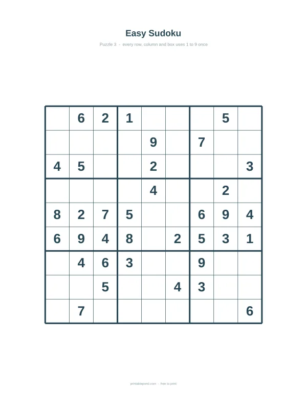 A 9x9 grid with numbers filled in for an easy Sudoku puzzle worksheet.