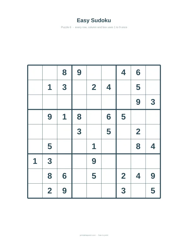A grid with numbers for an easy Sudoku puzzle, with some squares empty and others filled.