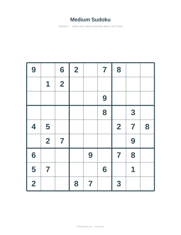 A medium Sudoku puzzle grid with numbers filled in some squares, ready to be solved.