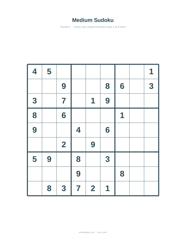 A medium Sudoku puzzle with numbers filled in some squares on a white background.