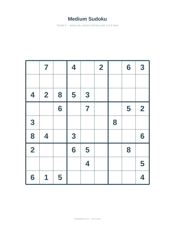 A medium difficulty 9x9 Sudoku grid with numbers filled in some cells for a puzzle.