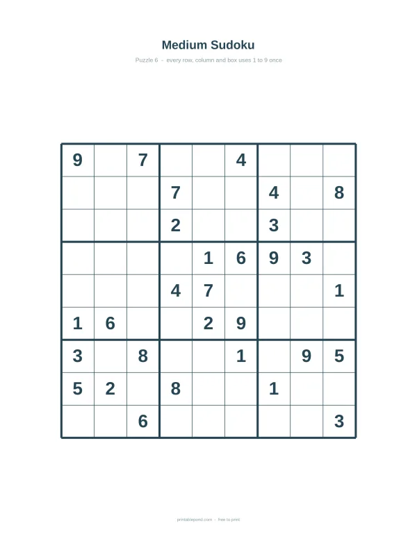 A medium difficulty Sudoku puzzle grid with some numbers filled in, ready to be solved.