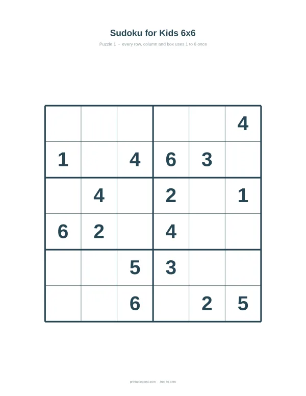A 6x6 grid with numbers filled in for a kids Sudoku puzzle, ready to be solved.