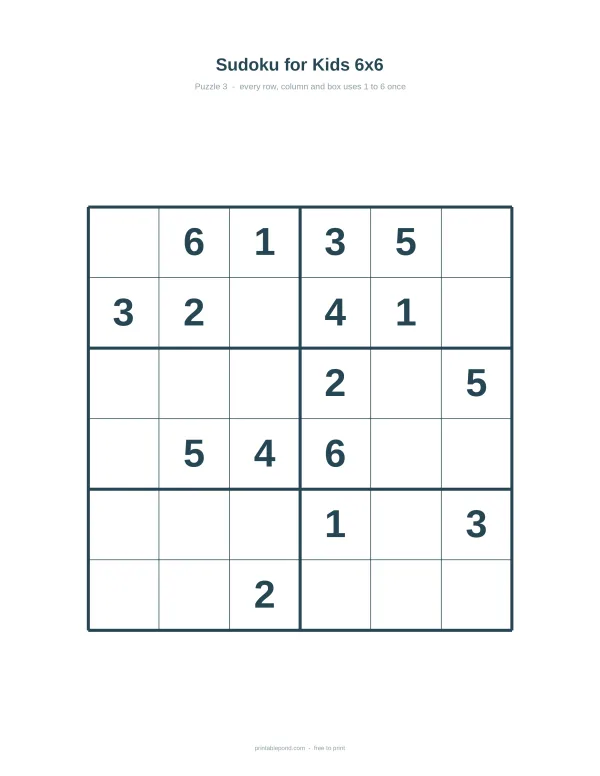A 6x6 Sudoku grid with numbers filled in, labeled Sudoku for Kids 6x6 Puzzle 3.