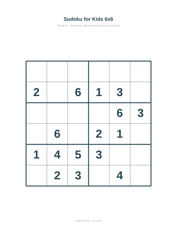 A 6x6 Sudoku grid with numbers partially filled in for a kids' puzzle. Four boxes are visible.