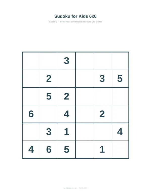 A 6x6 grid with numbers 1-6 to fill in for a Sudoku puzzle for kids.