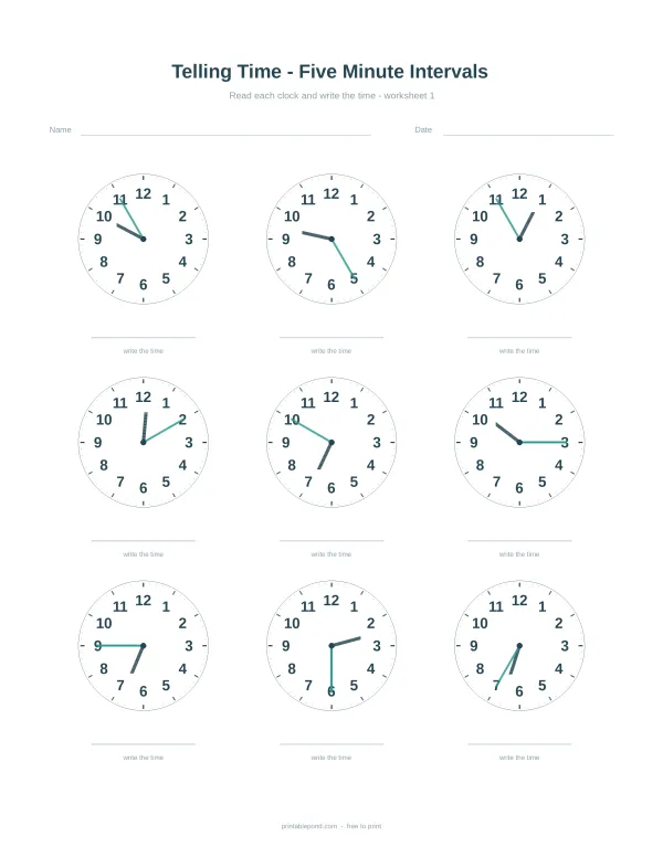 Telling the time worksheet with analogue clocks five minutes