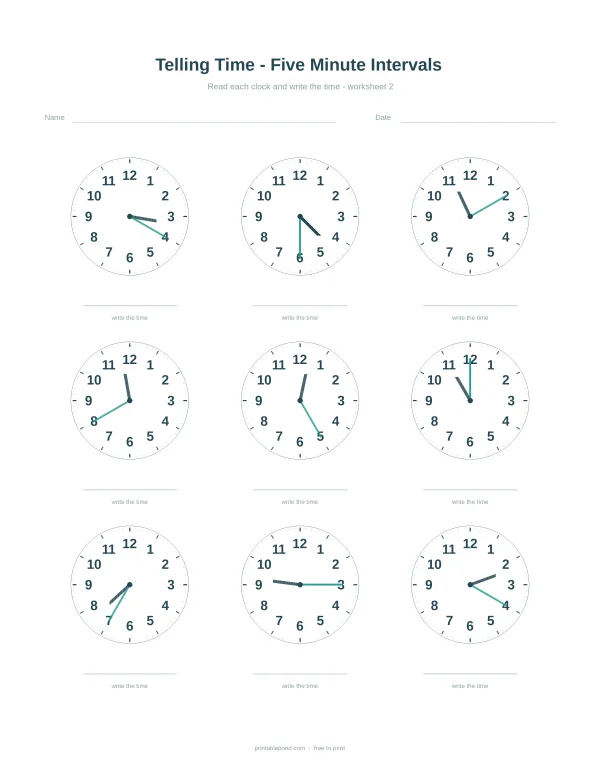 Telling the time worksheet with analogue clocks five minutes