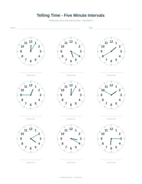 Telling the time worksheet with analogue clocks five minutes