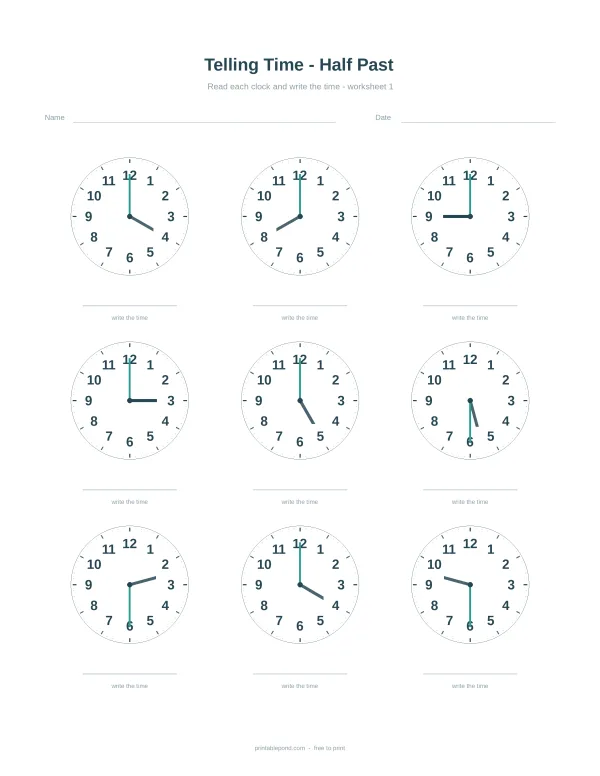 Nine clocks with analog hands showing different times to the half hour, with space to write the time.