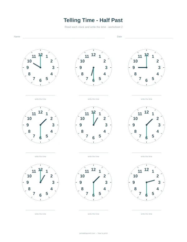 Nine clock faces showing times to the half hour with lines for writing the answer.