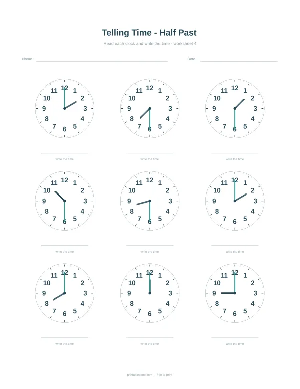 Nine analog clocks showing different times to the half hour, with lines for writing the time below each.