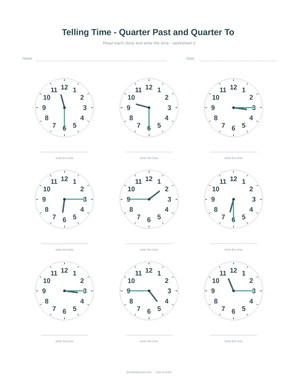 Telling the time worksheet with analogue clocks quarter hours