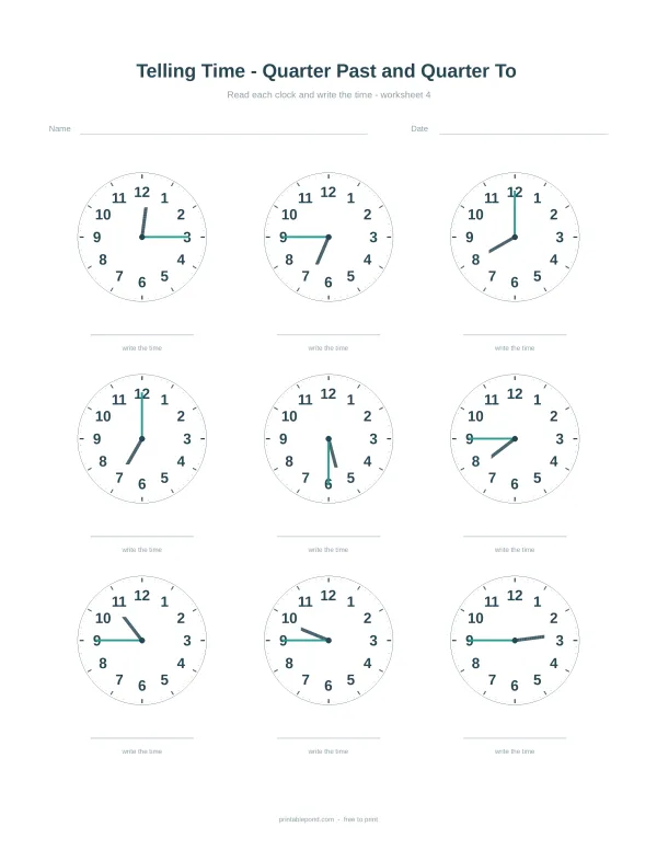 Telling the time worksheet with analogue clocks quarter hours