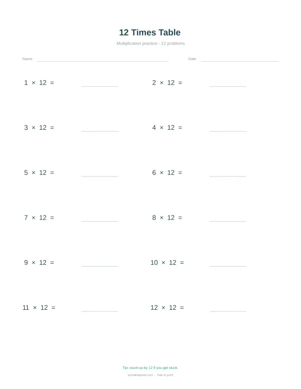 A multiplication worksheet with 12 problems for the 12 times table, with space for answers.