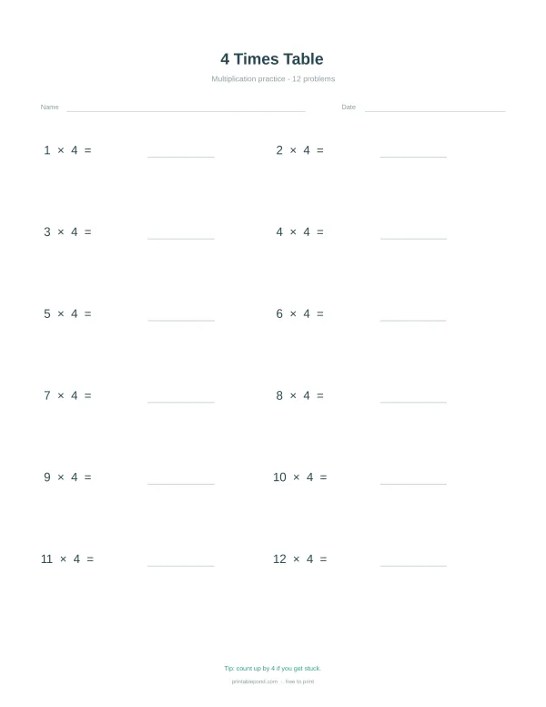 A multiplication worksheet with 12 problems covering the 4 times table, with space for name and date.